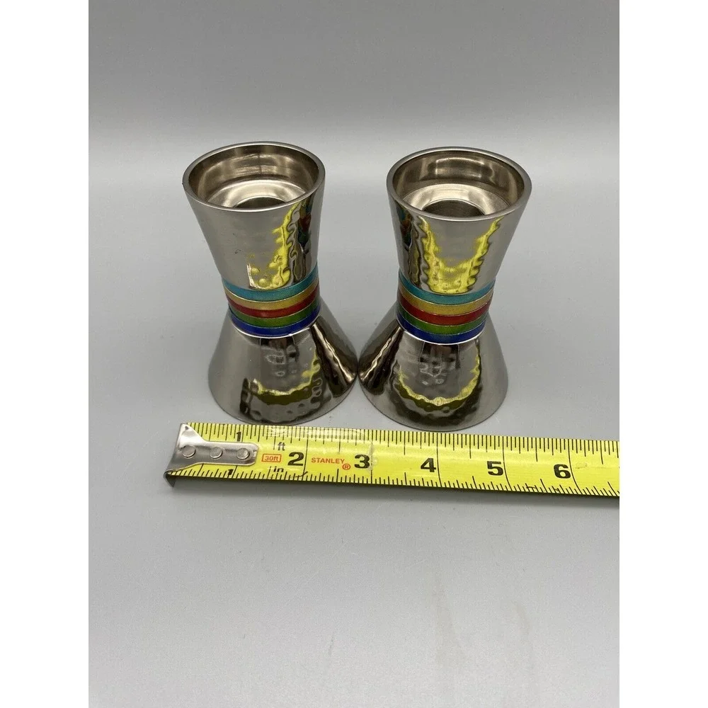 Candlesticks Hammered Metal Designed with Colored Rings | Judaica | Multicolo...